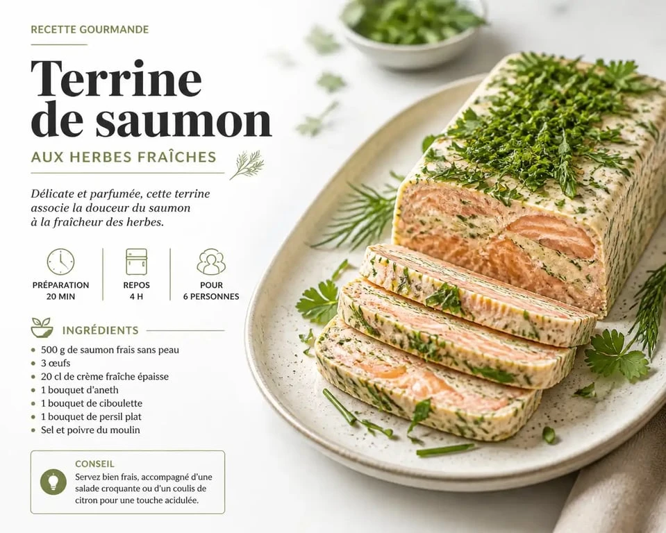 Terrine de saumon aux herbes fraîches, une idée d'entrée froide raffinée pour vos repas.