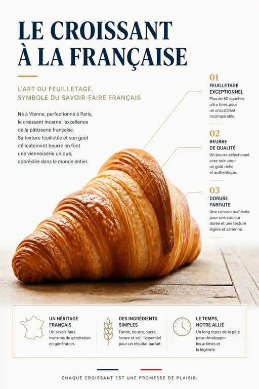 Croissant français traditionnel doré et croustillant sur une table en bois