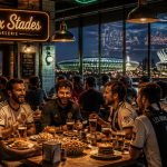 Les Deux Stades grande table brasserie stades en arrière-plan