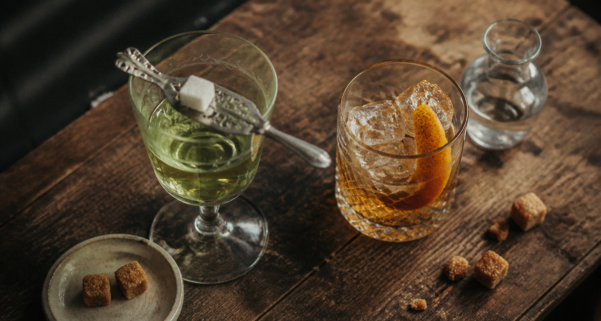 morceau de sucre dans l'alcool sur une table de bar