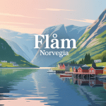 Flam Norvegia illustration village fjord montagne