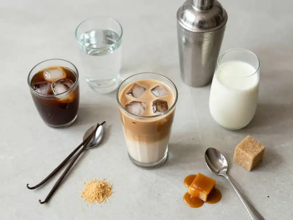 ingrédients frappé café avec verre et accessoires sur table