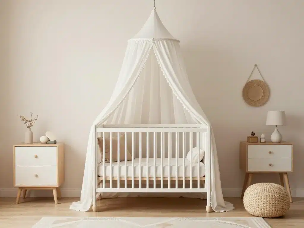 Chambre bébé cosy avec ciel de lit et déco harmonieuse