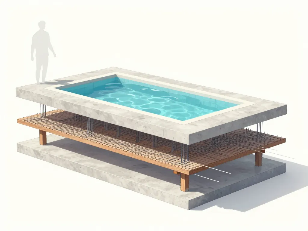 Schéma coupe structurelle piscine sur une terrasse vue sécurité