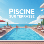 Illustration piscine sur une terrasse design été ambiance conviviale