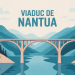 Illustration du viaduc de Nantua, lac et forêt en arrière-plan