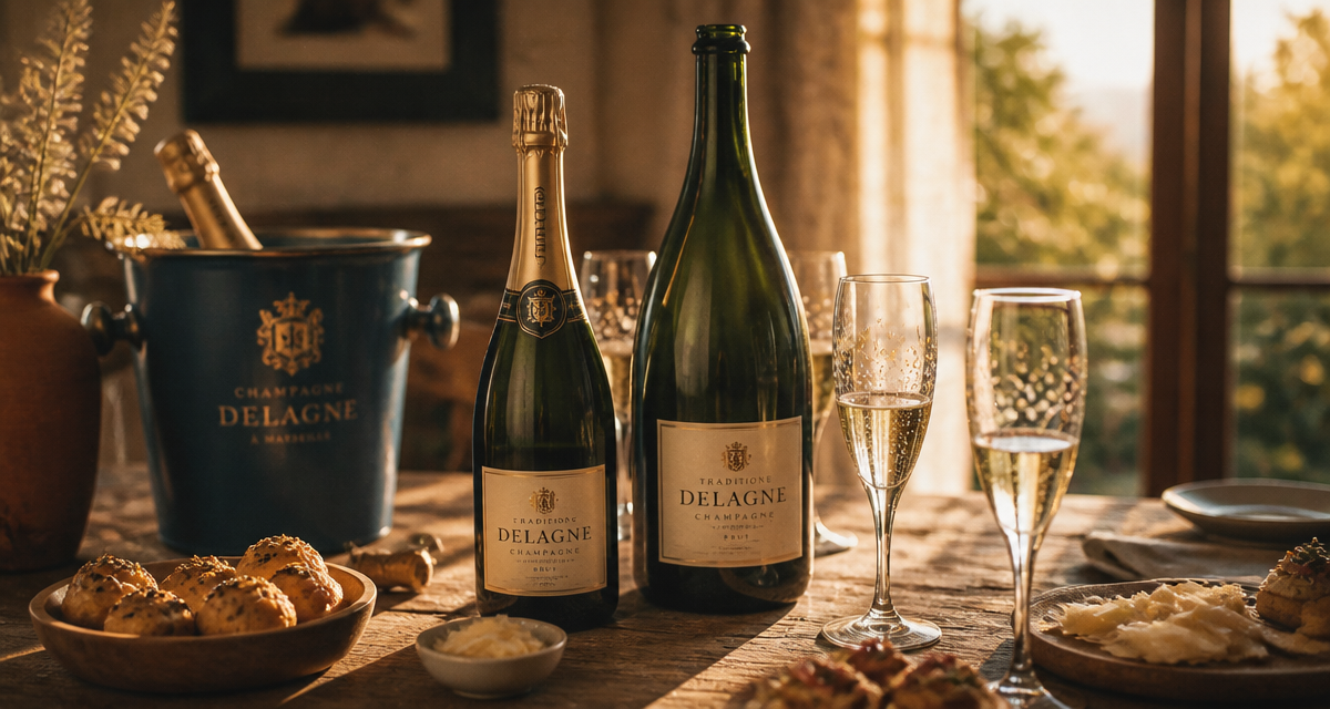 champagne tradition de delagne bouteille et flûtes sur table