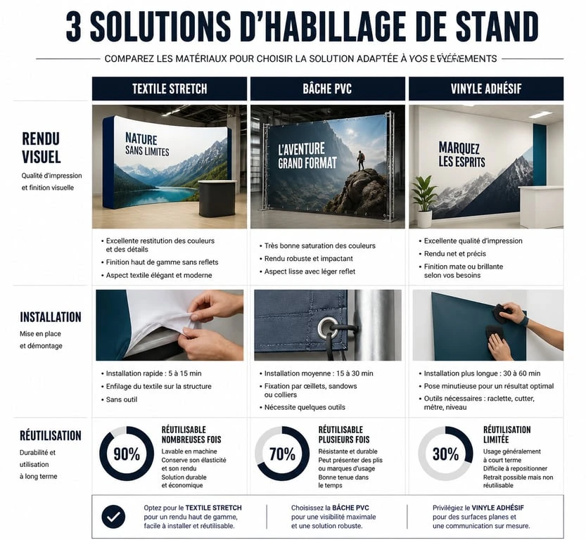 Comparatif des solutions d'habillage de stand salon : Textile, Bâche et Vinyle