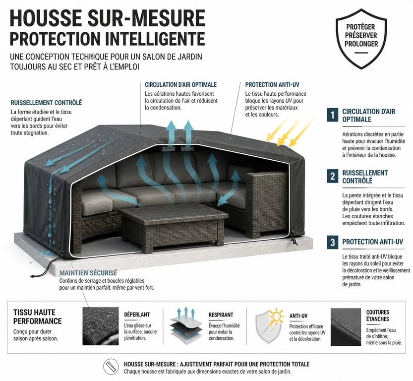 Schéma technique des avantages d'une housse de salon de jardin sur mesure pour la protection extérieure