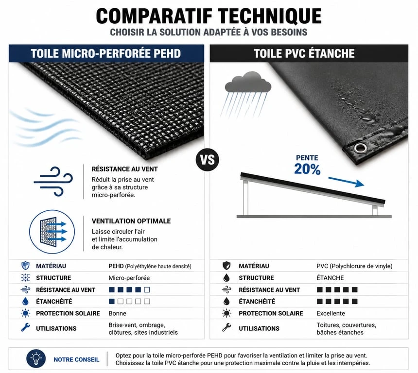 Comparatif technique des bâches d'ombrage : toile micro-perforée PEHD vs bâche PVC étanche pour terrasse.