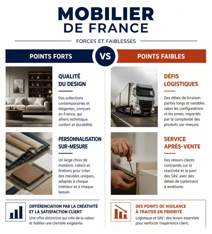 Infographie comparative des avis sur Mobilier de France : qualité, design et service client