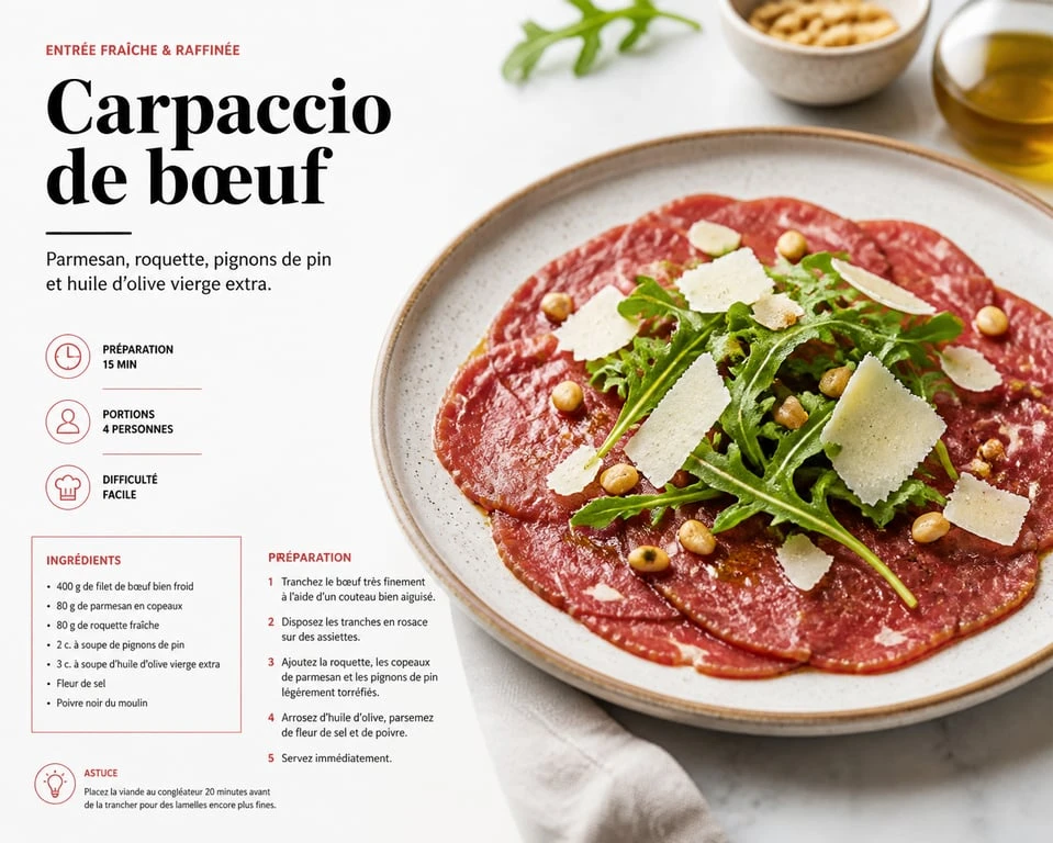 Assiette de carpaccio de bœuf avec roquette, parmesan et pignons de pin, accompagnement idéal pour un repas raffiné