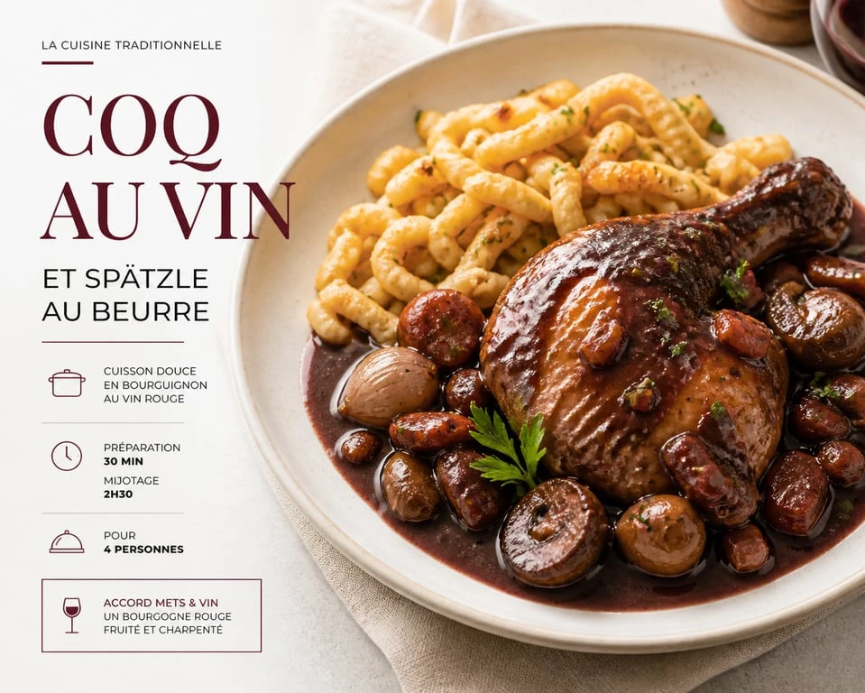 Coq au vin traditionnel servi avec des spätzle maison en accompagnement