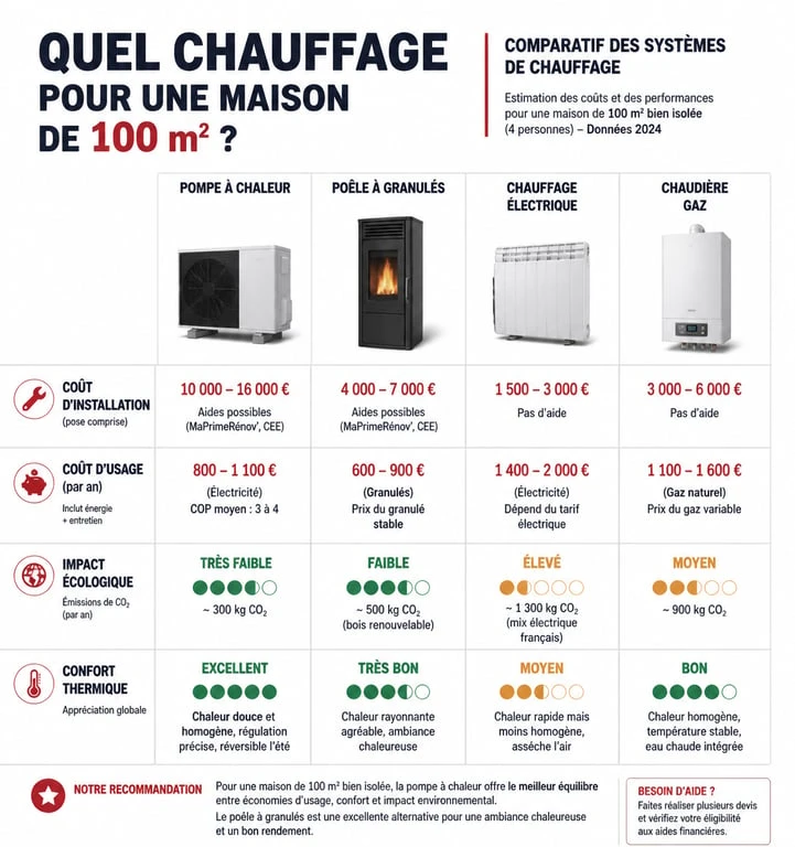 Comparatif des systèmes de chauffage pour une maison de 100m2 : coûts, confort et impact écologique.