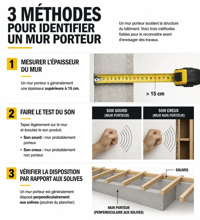 Infographie illustrant comment reconnaitre un mur porteur par l'épaisseur, le son et la structure