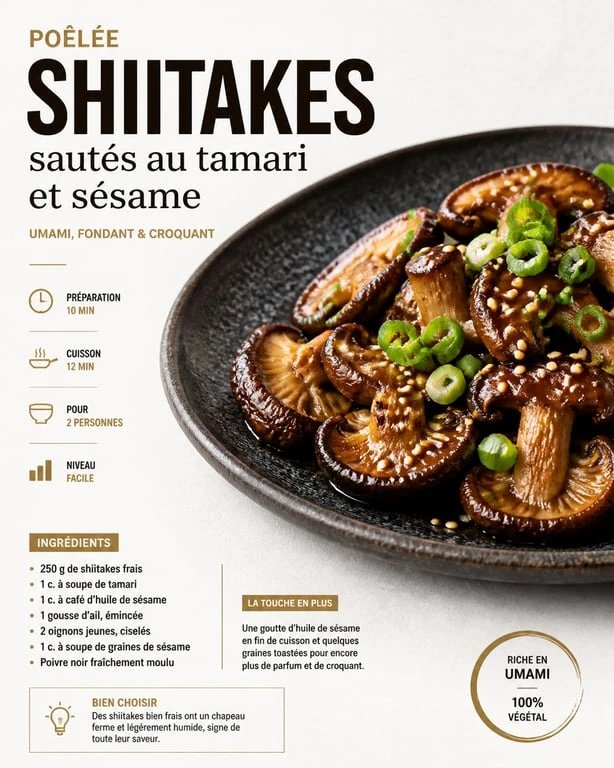Poêlée de shiitakes au tamari et sésame, une recette savoureuse et facile à réaliser.
