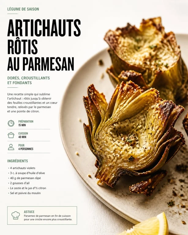 Artichauts rôtis au parmesan en accompagnement, plat gastronomique végétarien