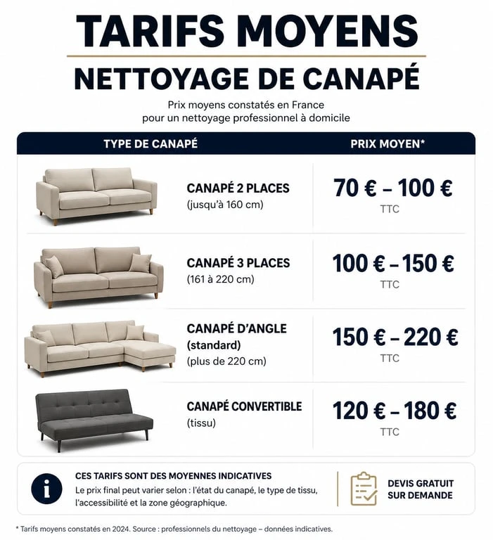 Infographie des tarifs moyens pour le nettoyage professionnel de canapé selon la taille du meuble