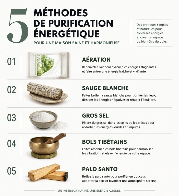 Infographie des méthodes de purification énergétique pour purifier sa maison des mauvaises ondes