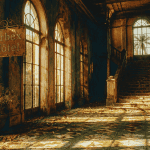 Hall principal d'hôtel abandonné avec escalier et lumière dorée