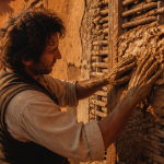 Artisan appliquant du torchis sur mur en torchis