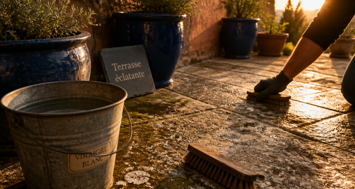 Nettoyage dalle terrasse vinaigre blanc avec brosse et seau