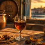 Verre de vin cuit apéritif français sur table bois avec épices
