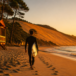 Surfeur plage côte atlantique française au coucher de soleil