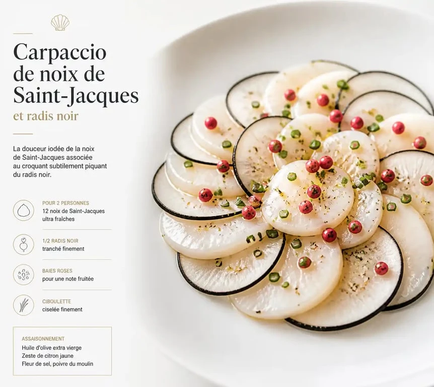 Carpaccio de Saint-Jacques et radis noir, une entrée légère et raffinée avant un aïoli.
