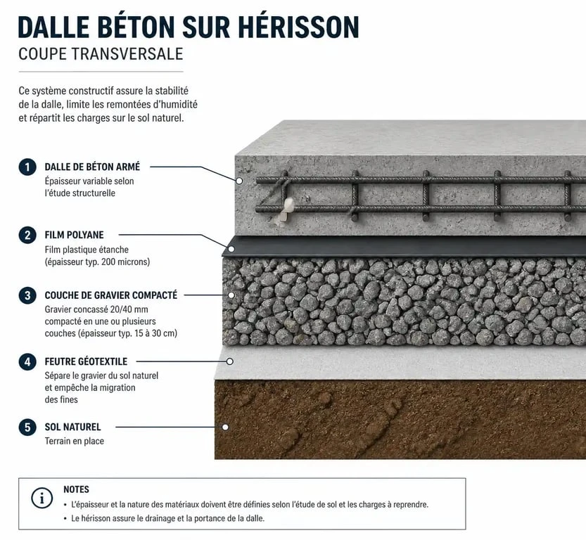 Schéma technique des couches d'une dalle béton sur hérisson avec gravier