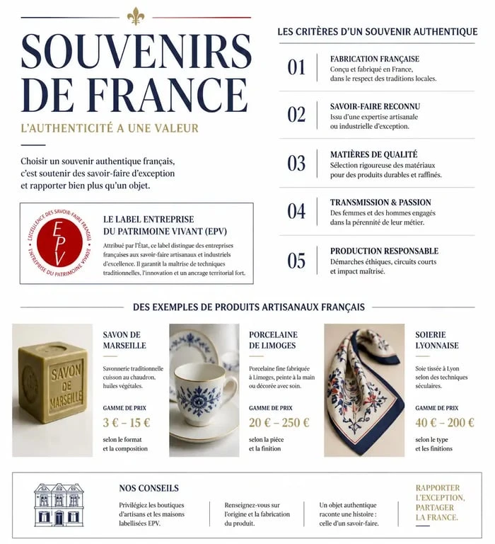 Guide des souvenirs de France authentiques et artisanaux avec labels et prix
