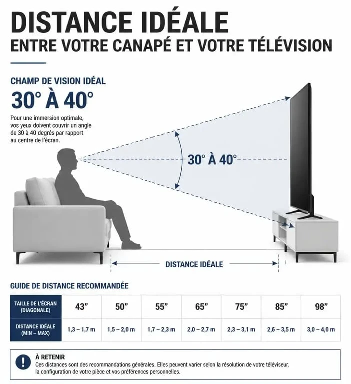 Schéma de la distance idéale entre le canapé et la télévision pour un confort visuel optimal