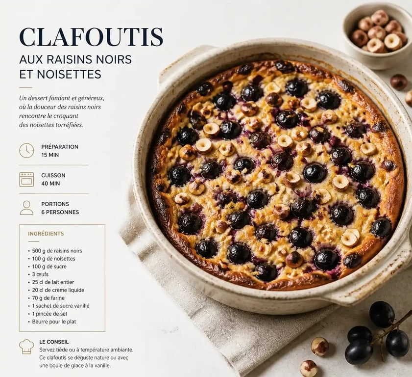 Clafoutis rustique au raisin noir et noisettes, une recette au raisin gourmande et facile