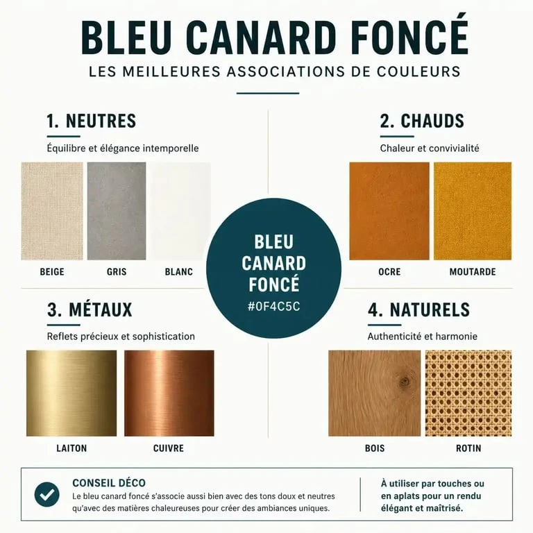 Infographie des associations de couleurs pour le bleu canard foncé en décoration intérieure