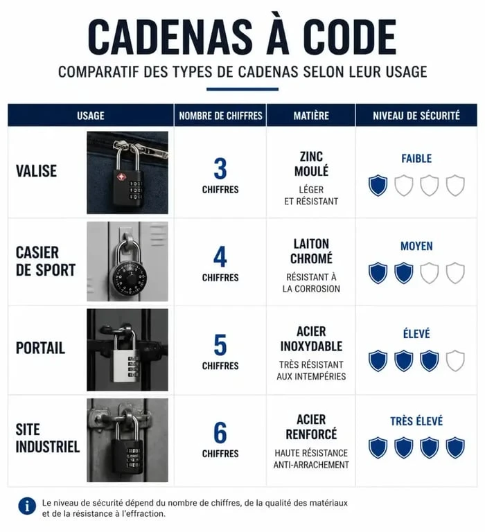 Tableau comparatif des types de cadenas à code selon l'usage et le niveau de sécurité
