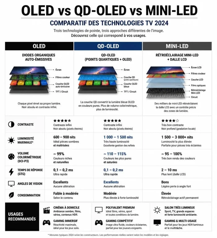 Comparatif des technologies TV 2024 OLED, QD-OLED et Mini-LED pour choisir le meilleur téléviseur