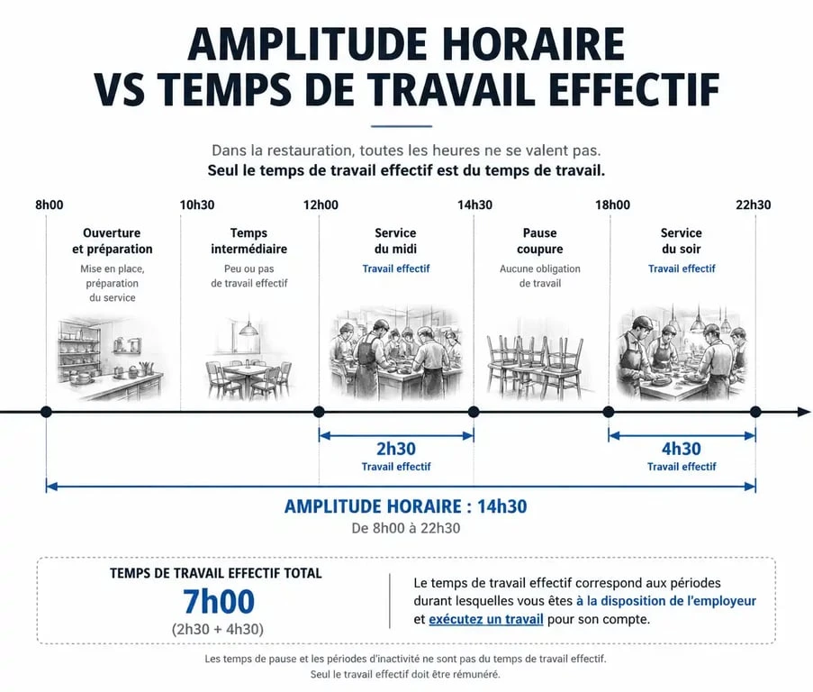 Schéma explicatif de l'amplitude horaire et du temps de travail effectif dans la restauration