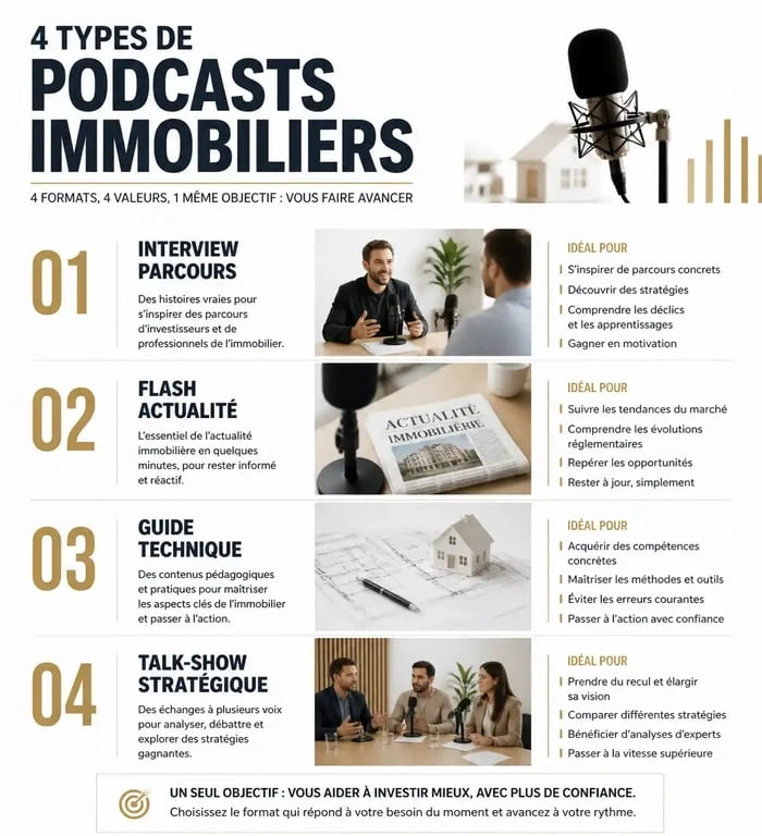 Infographie des différents formats de podcasts immobiliers pour investisseurs et professionnels