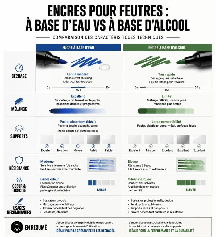 Comparatif technique des types d'encres pour feutres : encre à l'eau versus encre à l'alcool
