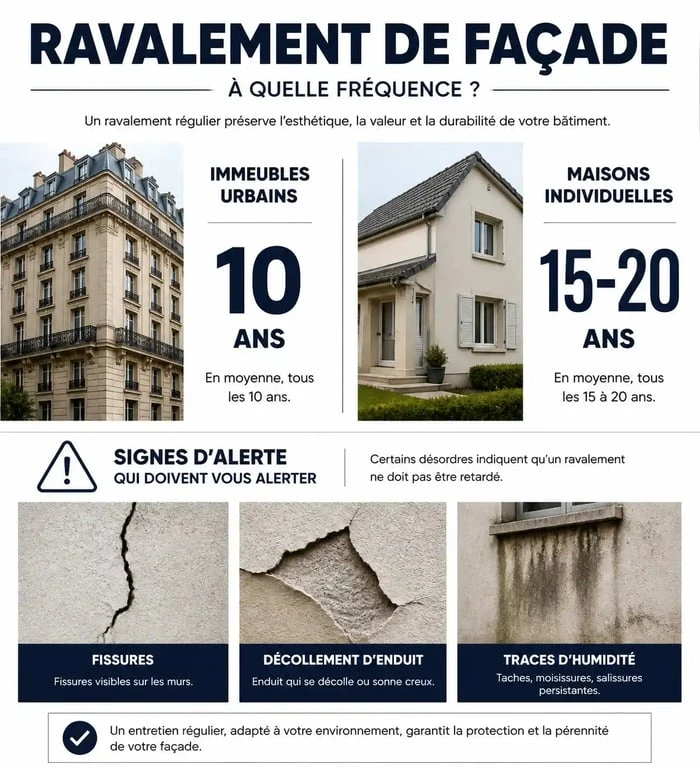 Infographie sur la fréquence du ravalement de façade et les signes d'usure