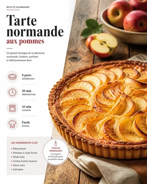 Tarte normande aux pommes réalisée avec une pâte brisée sucrée, dessert gourmand et croustillant