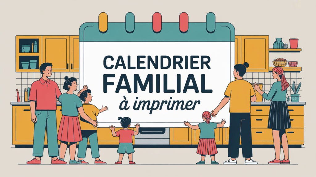 illustration calendrier familial à imprimer avec famille devant calendrier mural
