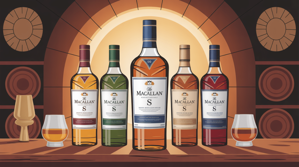 illustration macallan s plusieurs bouteilles dans cave ambiance chaleureuse