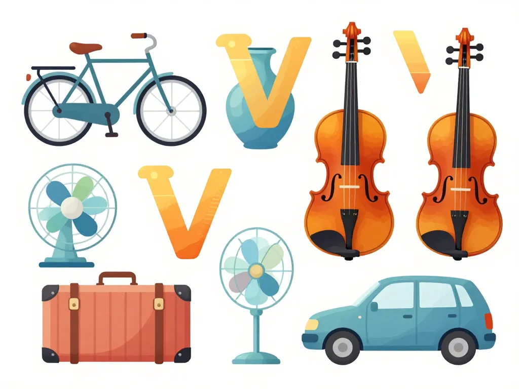 collection d'objets en v courants illustrés