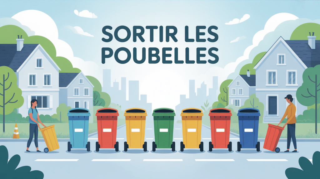 illustration urbaine sortir les poubelles scène ville