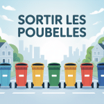 illustration urbaine sortir les poubelles scène ville