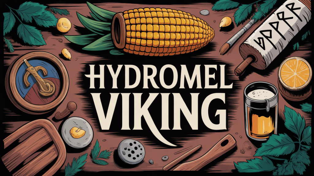 Illustration hydromel viking corne à boire et runes