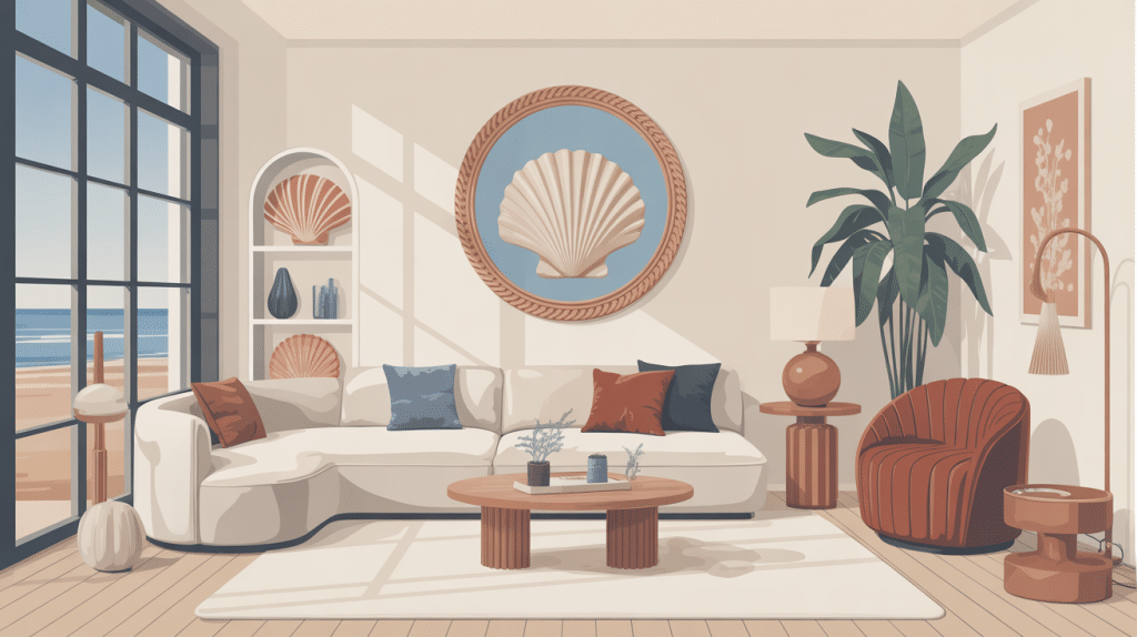 Ambiance maison coquillage moderne, déco épurée, tons sable et bleu