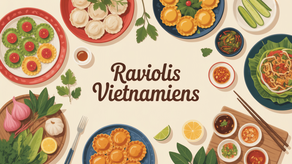 plateau de raviolis vietnamiens variés avec herbes et sauces