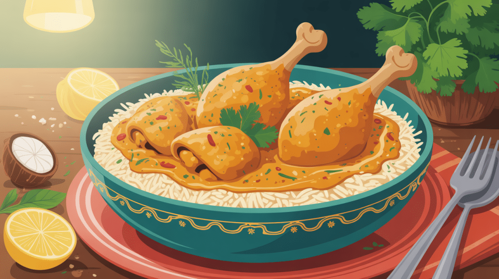 plat recette de poulet au curry et lait de coco avec riz et épices